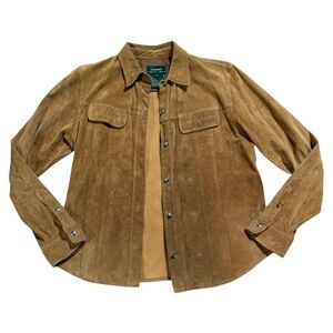 Ralph Lauren 100% Leather Tan Button Front Shacket Turquoise Buttons L Vintage